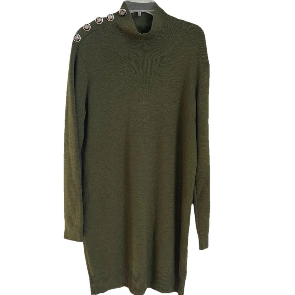 Veronica Beard Army Green 100% Wool Banner Sweater Dress Turtleneck